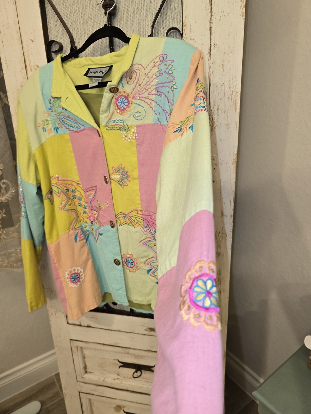 Indigo Moon Pastel Patchwork Embroidered Button Front Jacket - Picture 7 of 14